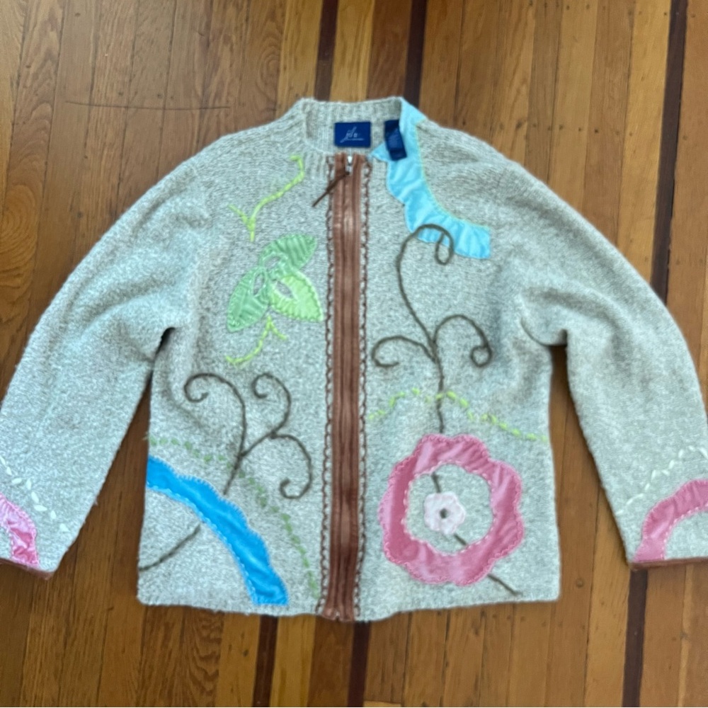 Vintage JH Collectibles art-wear boucle floral zip-up sweater XL brown EUC